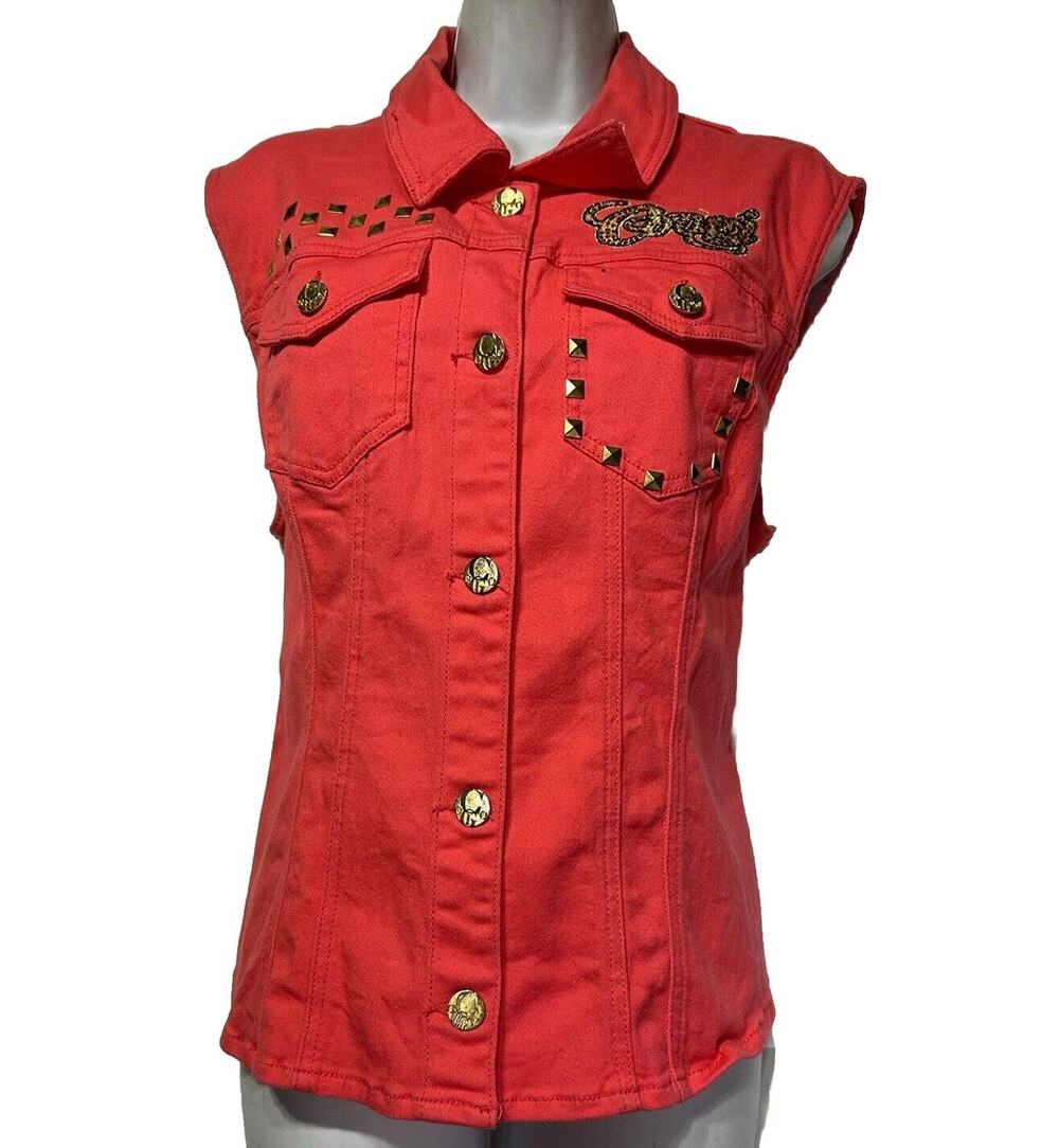 Coogi orange Sleeveless gold embroidered Studded denim vest size 2X